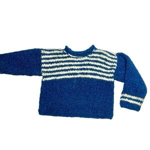 Vintage Toddler Kids Scandinavian Chunky Knit Blue Pattern Pullover Sweater